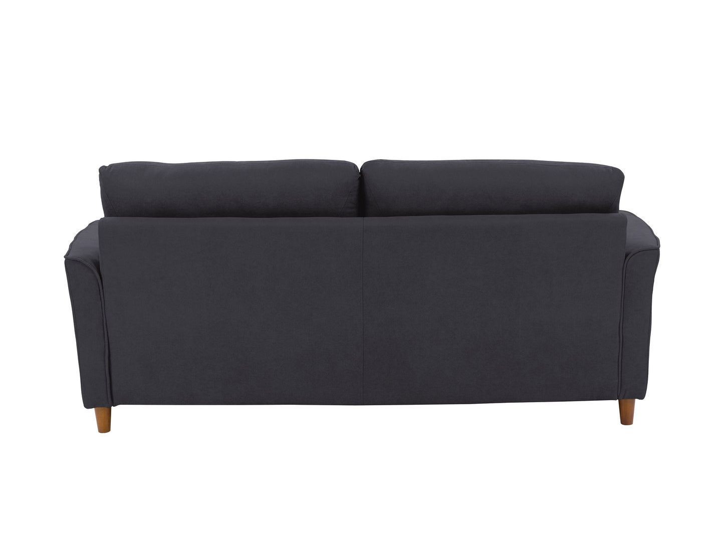 Dark grey 3-seater sofa with plush cushions, modern design, and wooden legs. Upholstered in durable fabric, perfect for contemporary living rooms.
