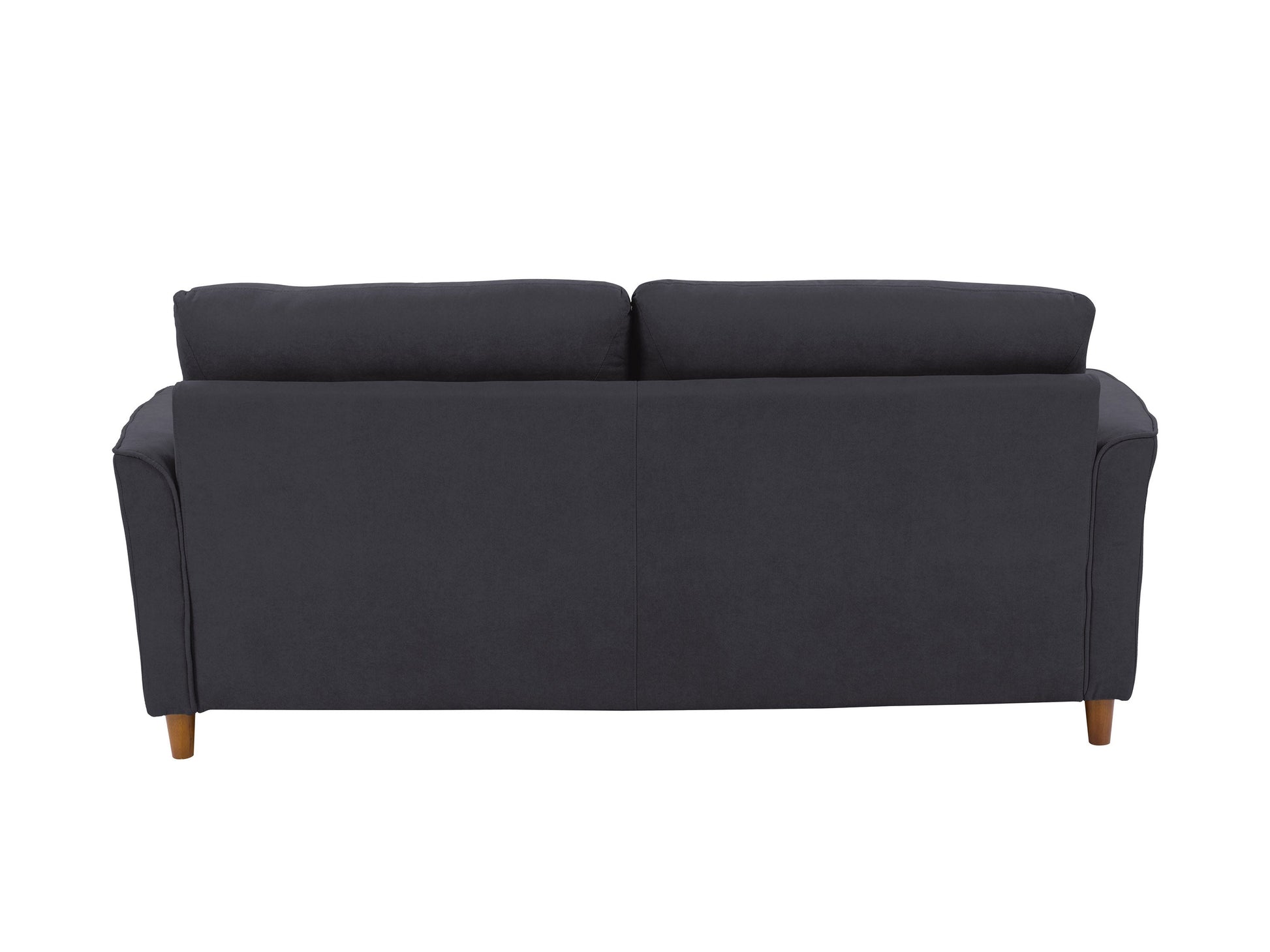 Dark grey 3-seater sofa with plush cushions, modern design, and wooden legs. Upholstered in durable fabric, perfect for contemporary living rooms.