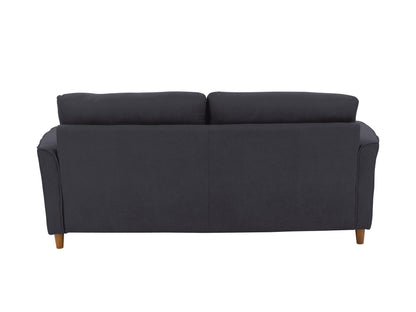 Dark grey 3-seater sofa with plush cushions, modern design, and wooden legs. Upholstered in durable fabric, perfect for contemporary living rooms.