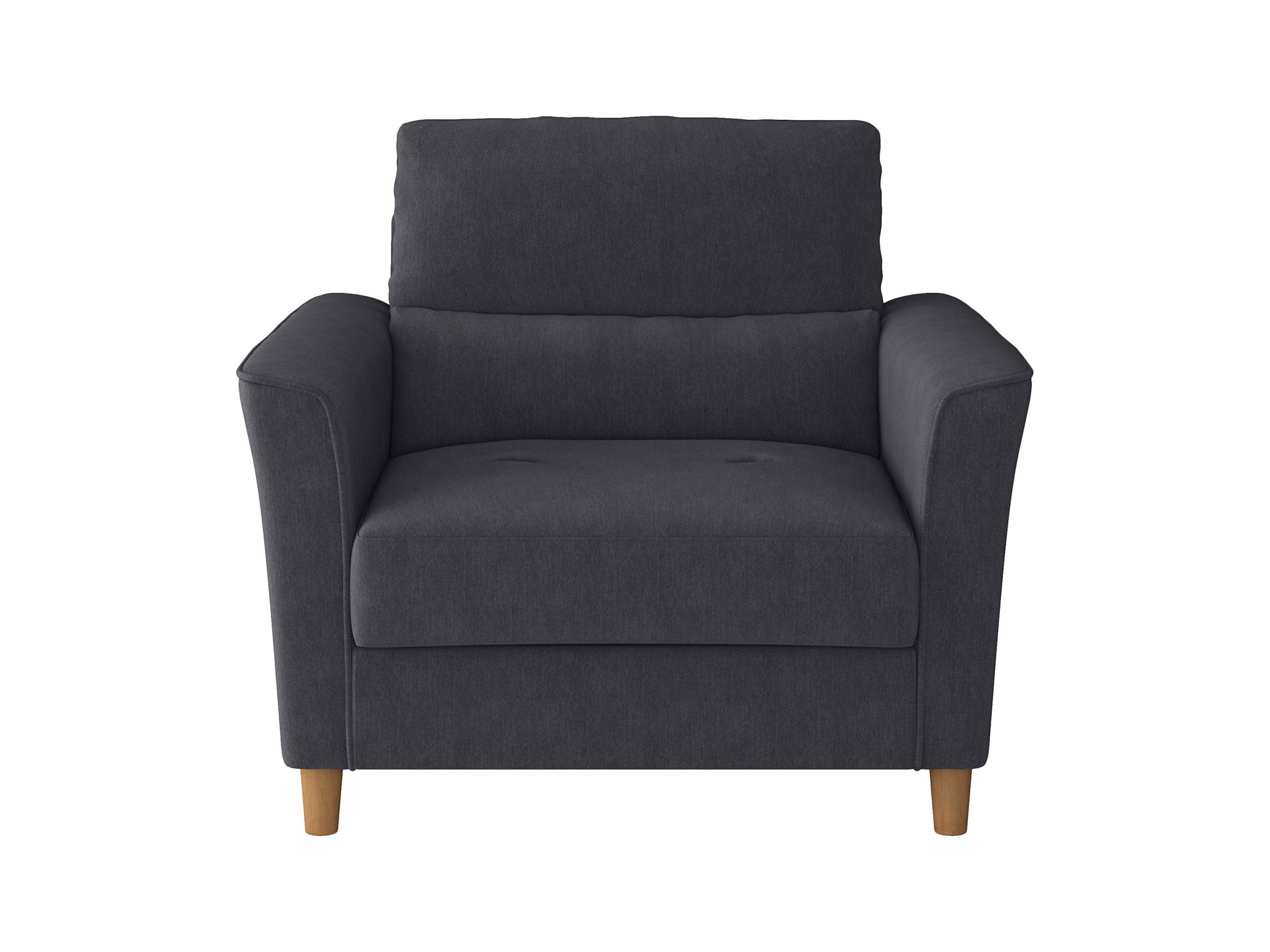 Dark grey 3-seat sofa and chair set with plush cushions, modern design, and sturdy wooden legs, perfect for living room or lounge area. Ideal for contemporary home decor and comfortable seating.