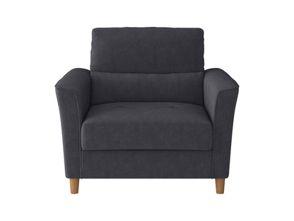 Dark grey 3-seat sofa and chair set with plush cushions, modern design, and sturdy wooden legs, perfect for living room or lounge area. Ideal for contemporary home decor and comfortable seating.