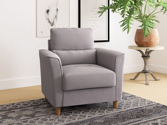Modern armchair with sleek dark wood frame, plush beige cushions, and minimalist design, perfect for contemporary living rooms.