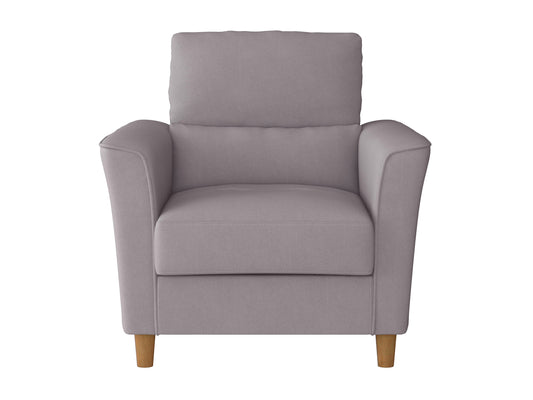Modern armchair with sleek gray upholstery, minimalist wooden legs, and a plush backrest. Ideal for contemporary living rooms, this stylish chair combines comfort and elegance with its clean lines and soft fabric.