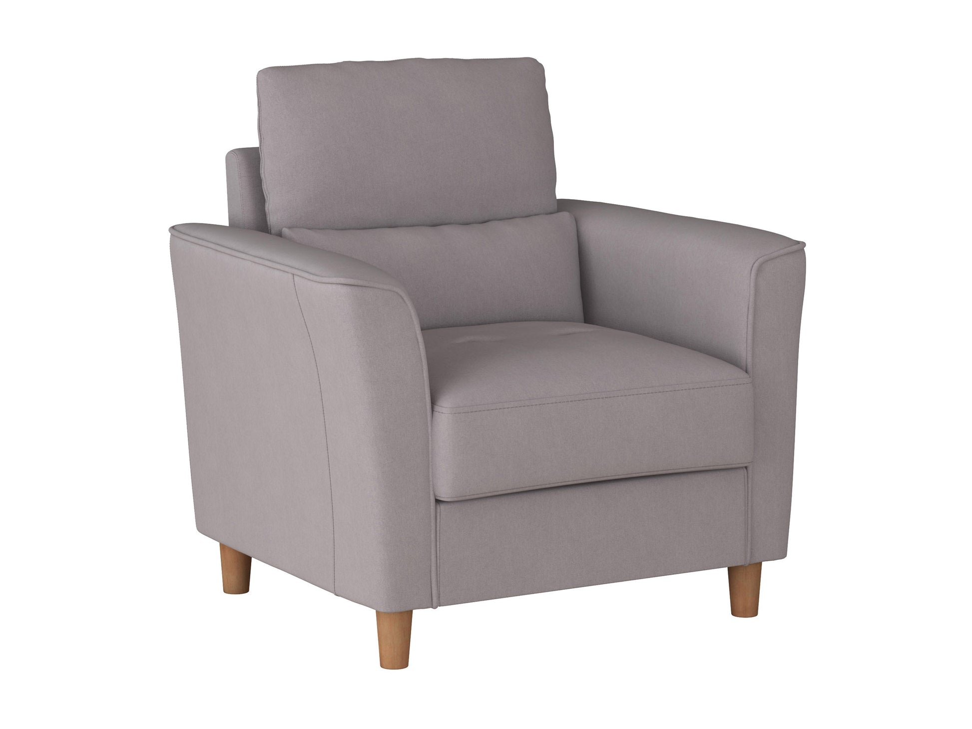 Modern arm chair in light gray fabric with wooden legs, featuring a minimalist design, curved armrests, and a cushioned seat for comfort.