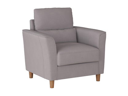 Modern arm chair in light gray fabric with wooden legs, featuring a minimalist design, curved armrests, and a cushioned seat for comfort.