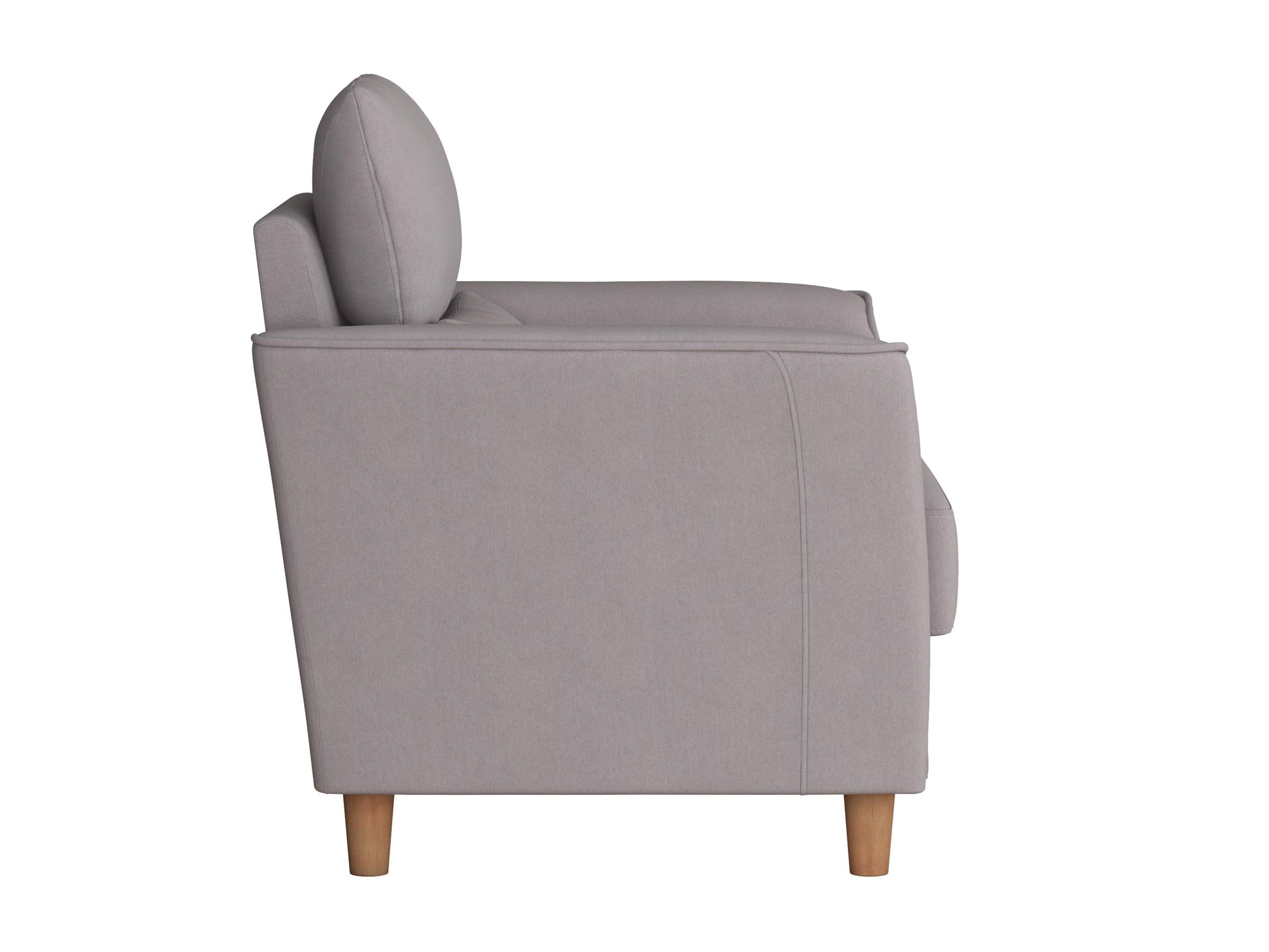 Modern armchair in soft gray fabric with sleek wooden legs, featuring a minimalist design and plush cushioning for ultimate comfort. Ideal for contemporary living rooms or office spaces.