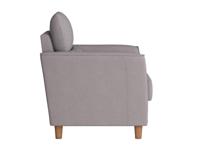 Modern armchair in soft gray fabric with sleek wooden legs, featuring a minimalist design and plush cushioning for ultimate comfort. Ideal for contemporary living rooms or office spaces.