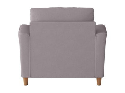 Modern beige armchair with plush cushions, wooden legs, and a wide seat, perfect for cozy living room seating.