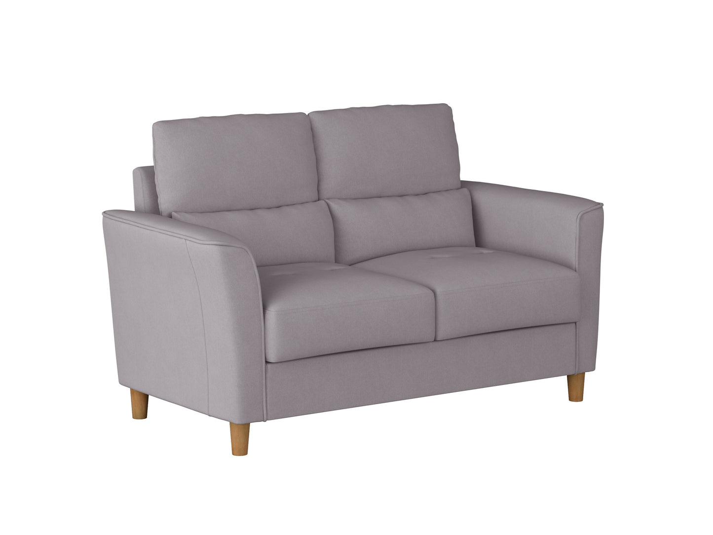 Modern 2 seater loveseat in light gray fabric with sleek wooden legs, tufted backrest, and plush cushions, perfect for small living rooms or cozy spaces.