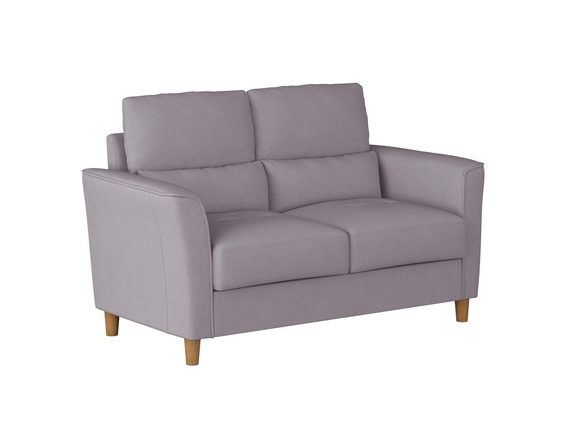Modern 2 seater loveseat in light gray fabric with sleek wooden legs, tufted backrest, and plush cushions, perfect for small living rooms or cozy spaces.