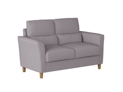 Modern 2 seater loveseat in light gray fabric with sleek wooden legs, tufted backrest, and plush cushions, perfect for small living rooms or cozy spaces.