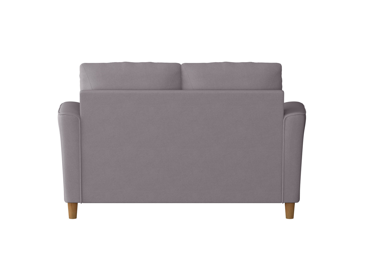 2 seater sofa loveseat in soft grey fabric with tufted backrest, wooden legs, and plush cushions. Ideal for modern living rooms, offering comfort and style.