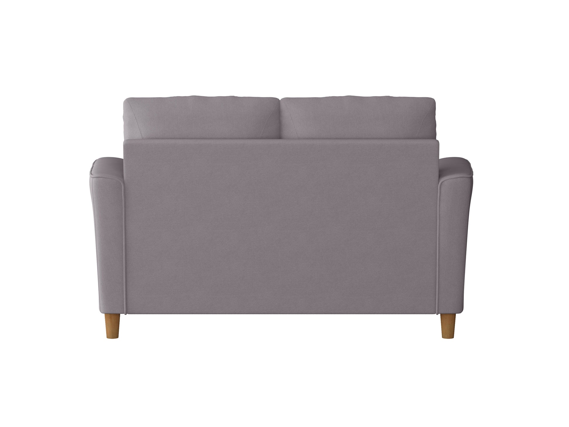2 seater sofa loveseat in soft grey fabric with tufted backrest, wooden legs, and plush cushions. Ideal for modern living rooms, offering comfort and style.