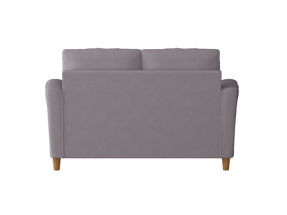 2 seater sofa loveseat in soft grey fabric with tufted backrest, wooden legs, and plush cushions. Ideal for modern living rooms, offering comfort and style.