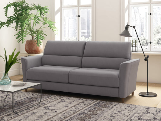 Light grey 3-seater sofa with plush cushions, wooden legs, and soft fabric upholstery. Ideal for modern living rooms, this stylish couch offers comfort and elegance, perfect for family gatherings or relaxation.