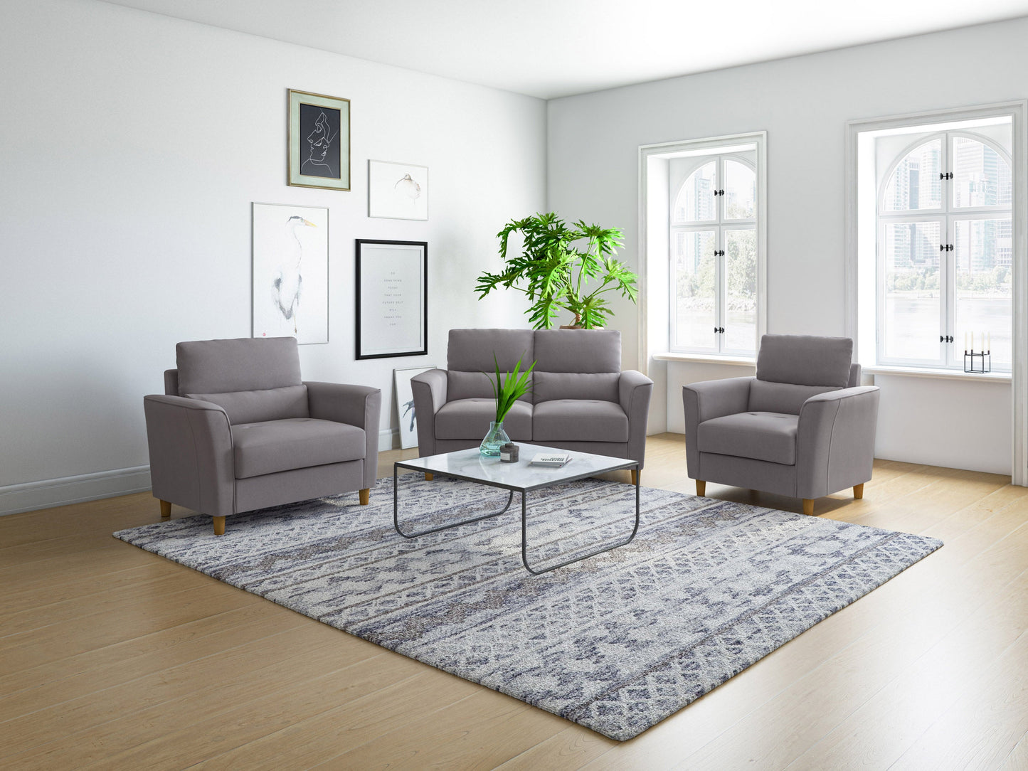 Gray 3-piece living room sofa set with plush cushions, wooden legs, and a modern design. Includes a large sofa, loveseat, and armchair. Perfect for contemporary home decor.
