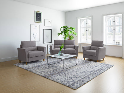 Gray 3-piece living room sofa set with plush cushions, wooden legs, and a modern design. Includes a large sofa, loveseat, and armchair. Perfect for contemporary home decor.