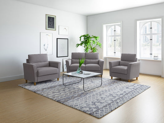 Gray 3-piece living room sofa set with plush cushions, wooden legs, and a modern design. Includes a large sofa, loveseat, and armchair. Perfect for contemporary home decor.