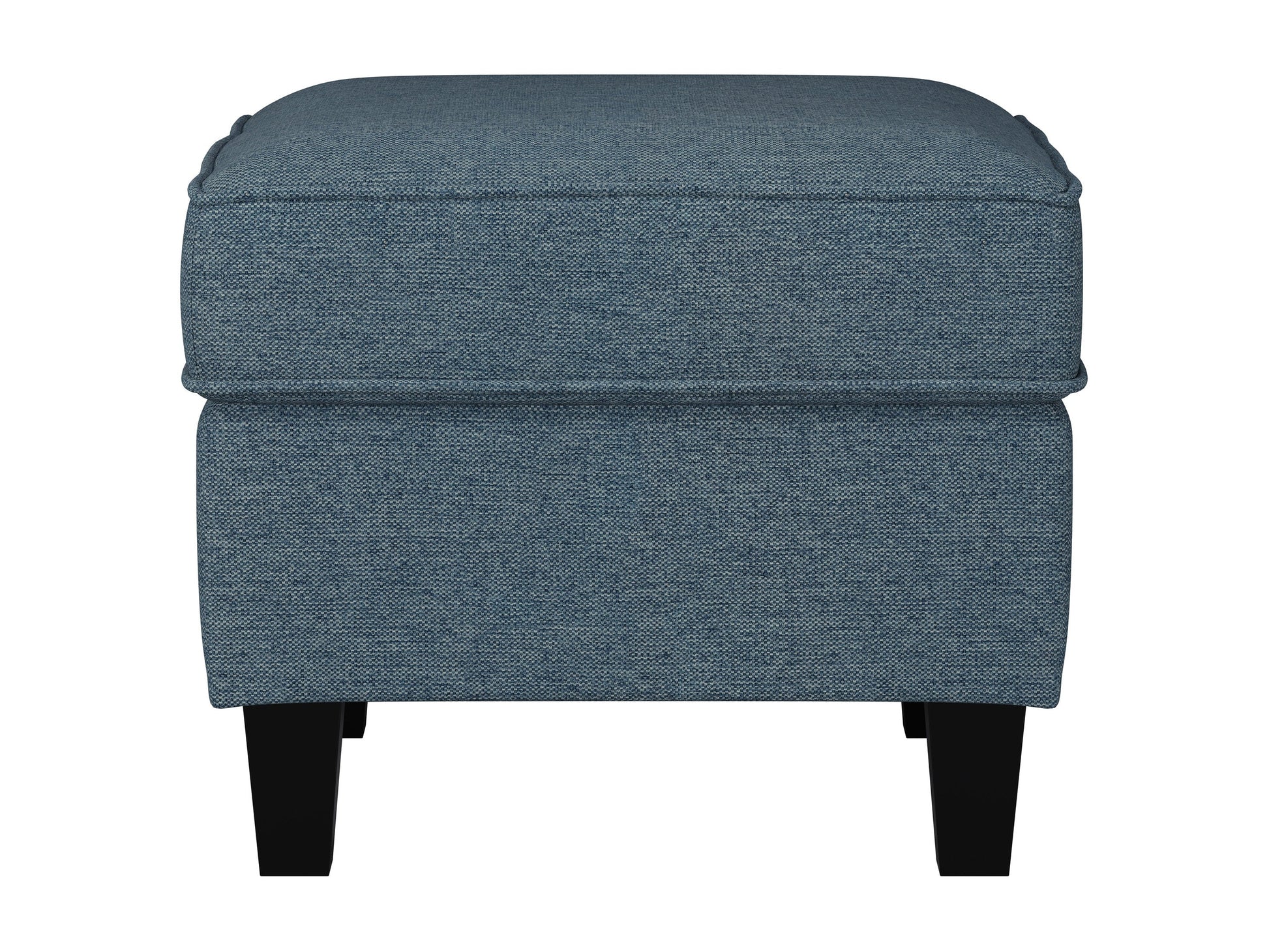 Blue fabric ottoman with tufted top, wooden legs, and storage compartment, perfect for living room or bedroom decor.