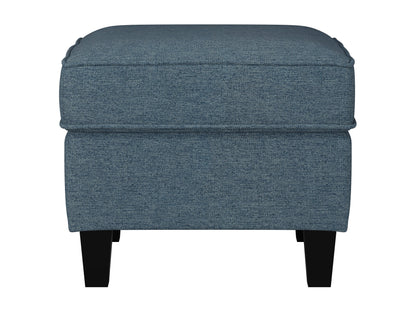 Blue fabric ottoman with tufted top, wooden legs, and storage compartment, perfect for living room or bedroom decor.