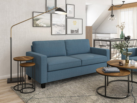 Blue 3-seater sofa with plush cushions, sleek wooden legs, and soft fabric upholstery. Ideal for modern living rooms, providing comfort and style.