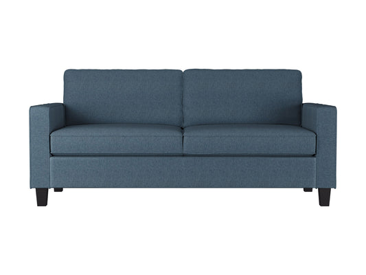 Blue 3-seater sofa with plush cushions, sleek wooden legs, and soft fabric upholstery. Ideal for modern living rooms, providing comfort and style.