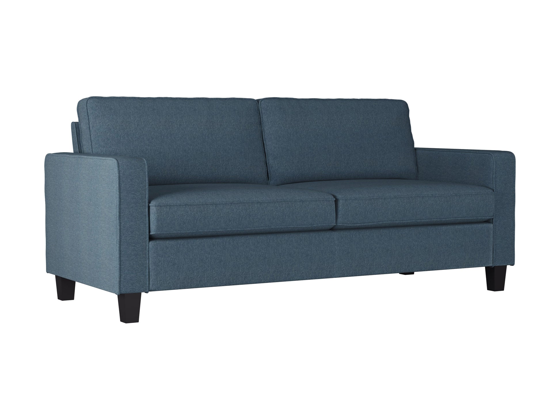 Blue 3-seater sofa with plush cushions, sleek wooden legs, and soft fabric upholstery. Ideal for modern living rooms, providing comfort and style.