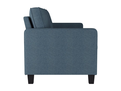 Blue 3-seater sofa with plush cushions, sleek wooden legs, and soft fabric upholstery. Ideal for modern living rooms, providing comfort and style.