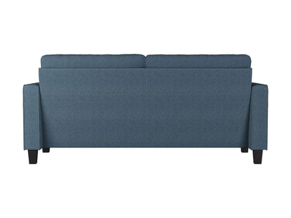 Blue 3-seater sofa with plush cushions, sleek wooden legs, and soft fabric upholstery. Ideal for modern living rooms, providing comfort and style.