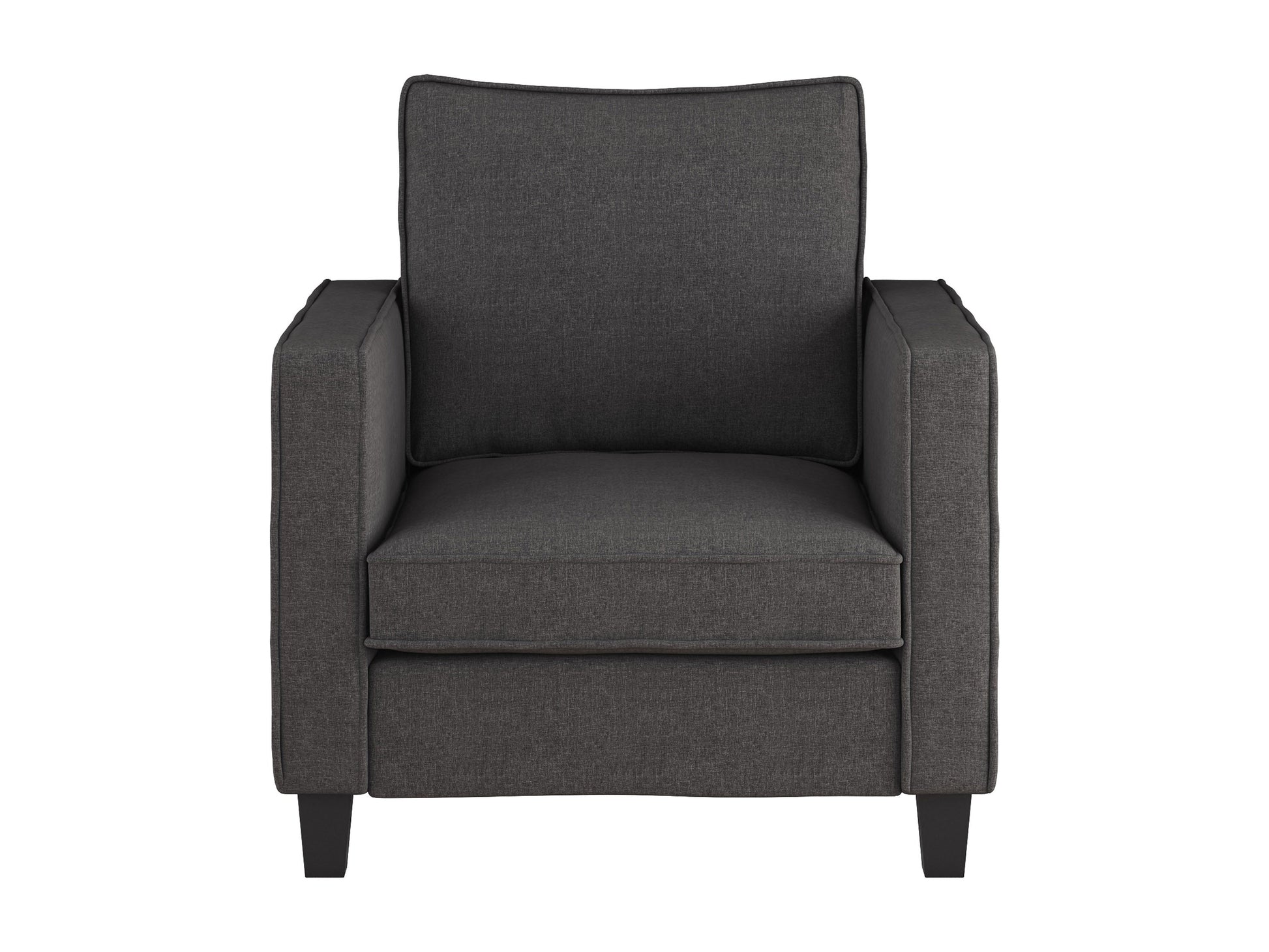 Grey mid-century modern arm chair with wooden legs, upholstered in soft fabric, featuring a tufted backrest and sleek armrests, perfect for living room or office decor.