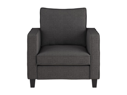 Grey mid-century modern arm chair with wooden legs, upholstered in soft fabric, featuring a tufted backrest and sleek armrests, perfect for living room or office decor.
