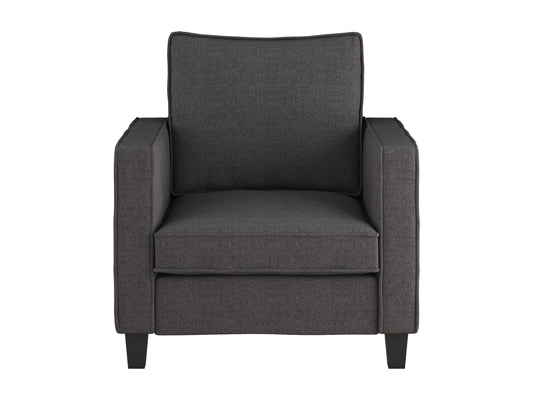 Grey mid-century modern arm chair with wooden legs, upholstered in soft fabric, featuring a tufted backrest and sleek armrests, perfect for living room or office decor.