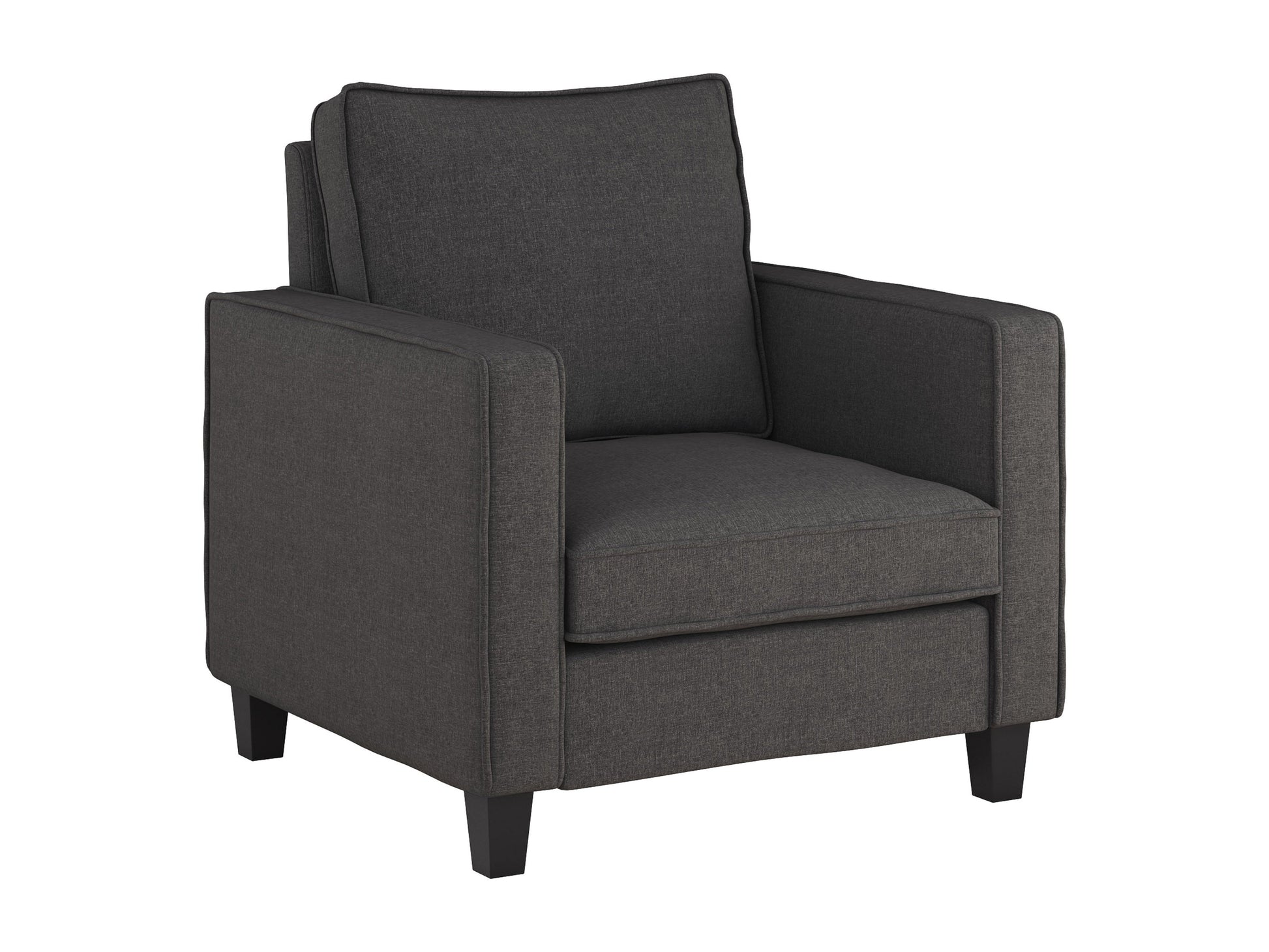 Grey mid-century modern arm chair with wooden legs, upholstered in soft fabric, featuring a tufted backrest and sleek armrests, perfect for living room or office decor.