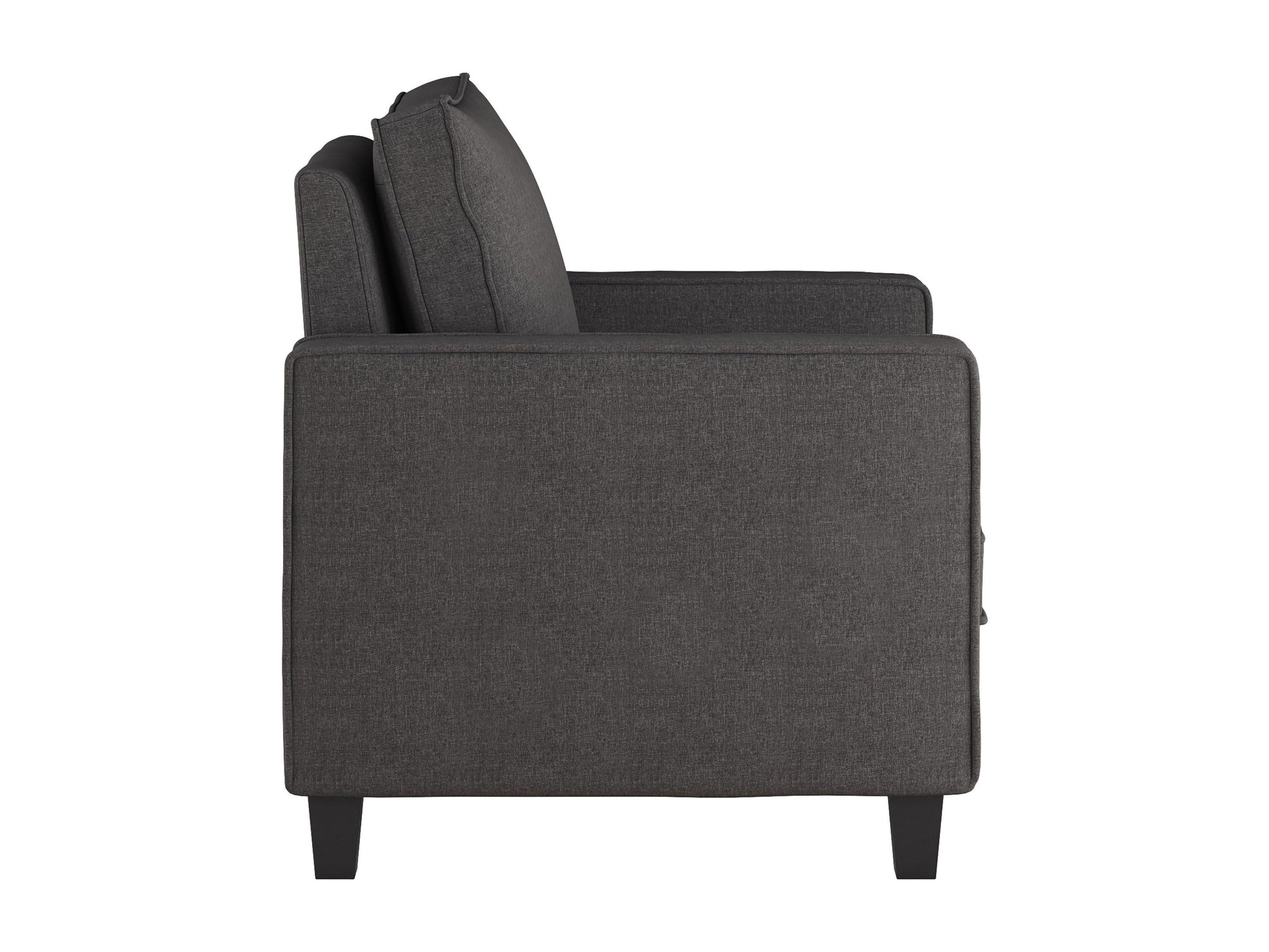 Grey mid-century modern arm chair with wooden legs, upholstered in soft fabric, featuring a tufted backrest and sleek armrests, perfect for living room or office decor.