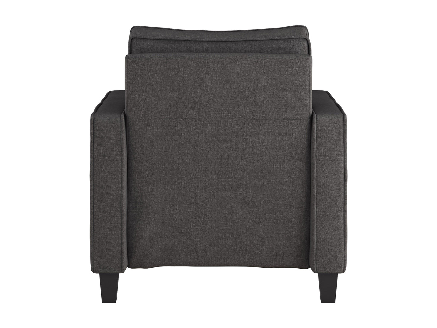 Grey mid-century modern arm chair with wooden legs, upholstered in soft fabric, featuring a tufted backrest and sleek armrests, perfect for living room or office decor.