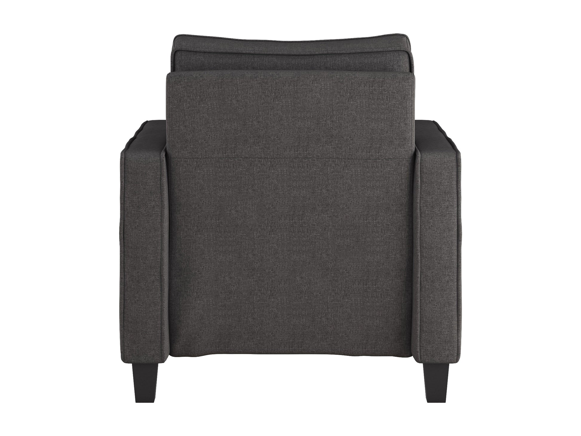 Grey mid-century modern arm chair with wooden legs, upholstered in soft fabric, featuring a tufted backrest and sleek armrests, perfect for living room or office decor.