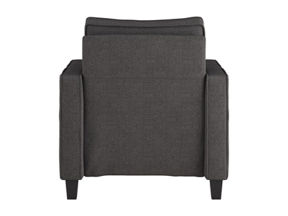 Grey mid-century modern arm chair with wooden legs, upholstered in soft fabric, featuring a tufted backrest and sleek armrests, perfect for living room or office decor.