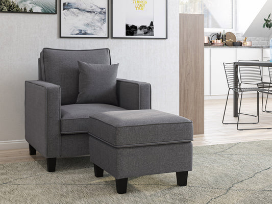Grey fabric ottoman with tufted top, wooden legs, and soft texture, ideal for living room or bedroom decor.