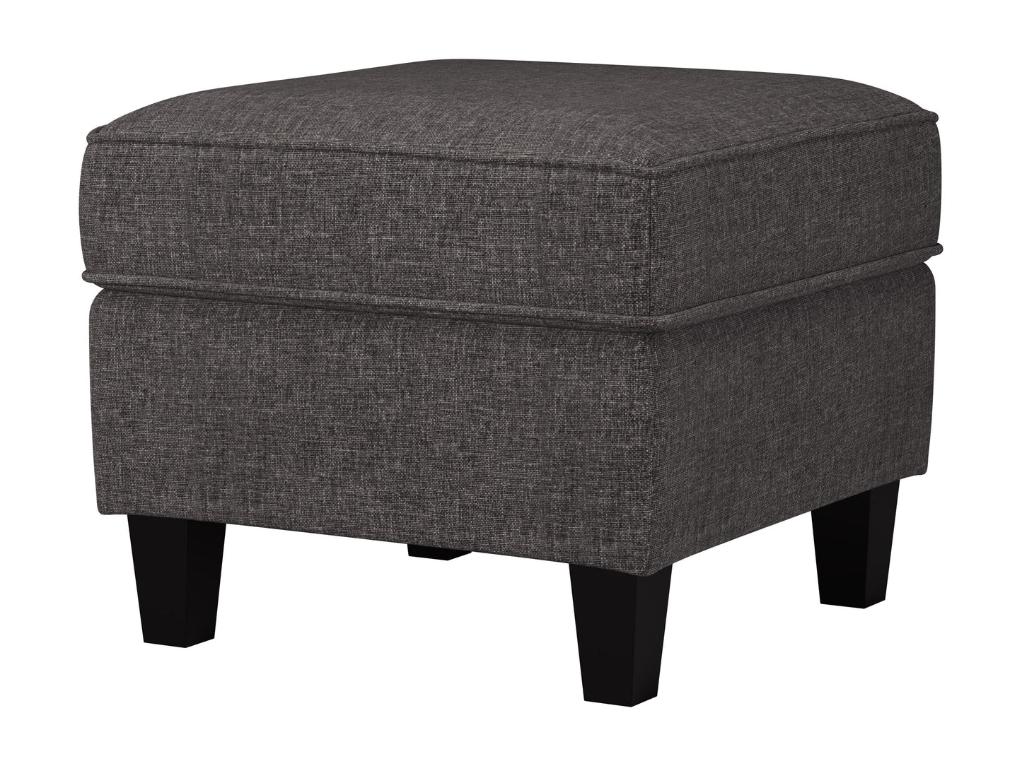 Grey fabric ottoman with tufted top, wooden legs, and soft texture, ideal for living room or bedroom decor.
