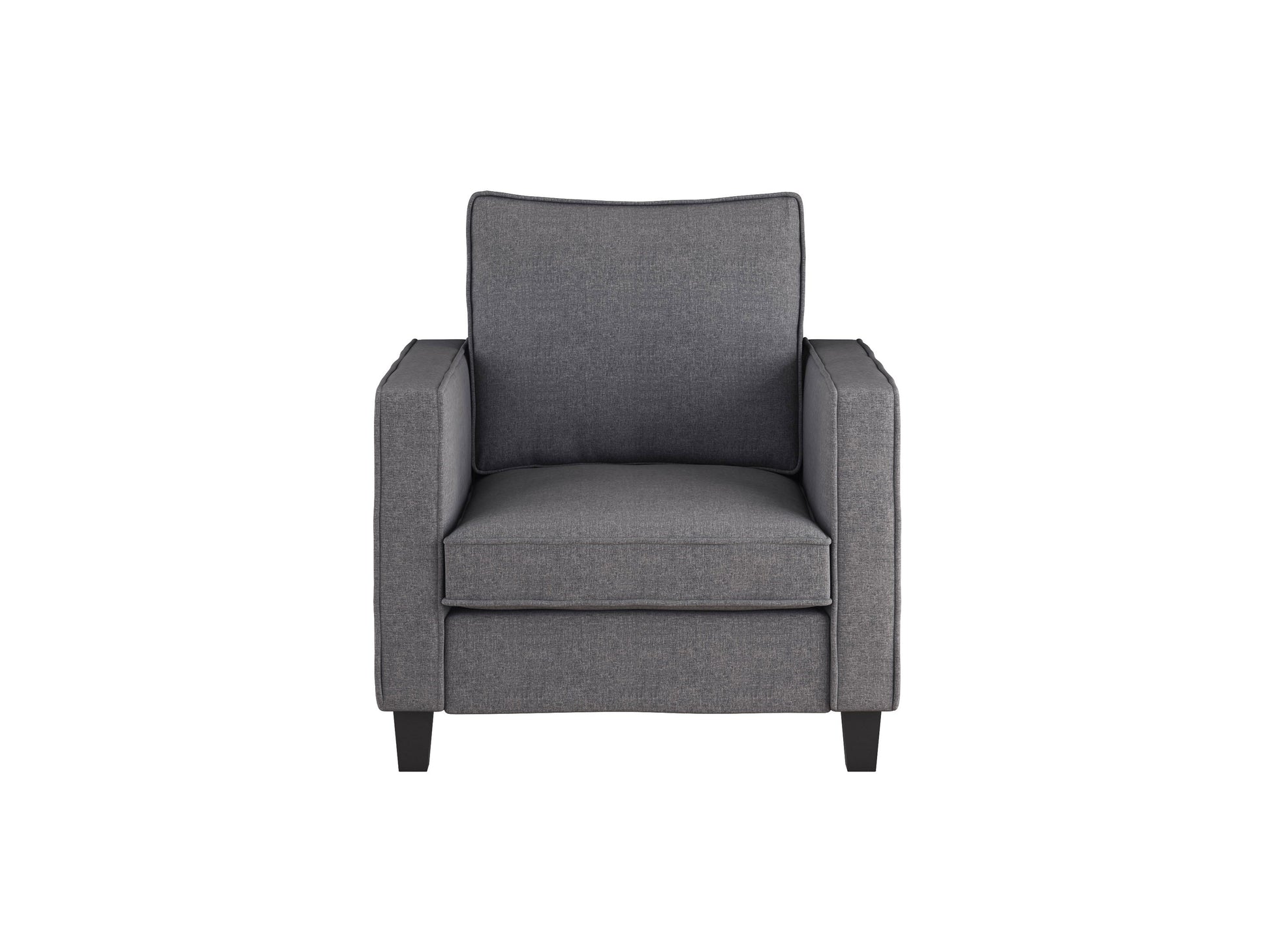 Grey 2-seater loveseat with matching chair set, featuring plush cushions, sleek modern design, and sturdy wooden legs. Ideal for contemporary living rooms, providing comfort and style.