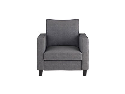 Grey 2-seater loveseat with matching chair set, featuring plush cushions, sleek modern design, and sturdy wooden legs. Ideal for contemporary living rooms, providing comfort and style.