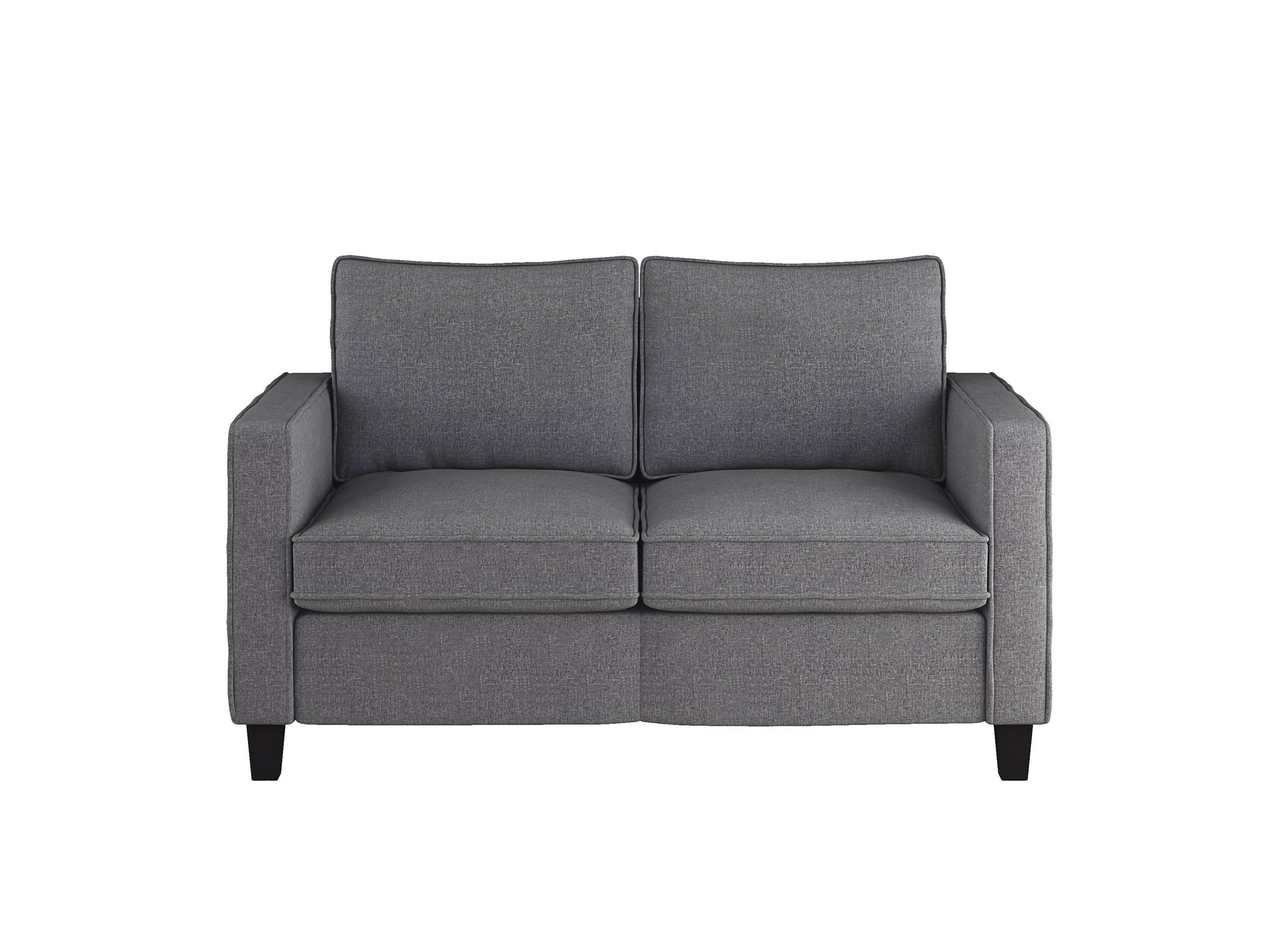 Grey 2-seater loveseat with matching chair set, featuring plush cushions, sleek modern design, and sturdy wooden legs. Ideal for contemporary living rooms, providing comfort and style.