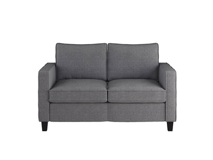 Grey 2-seater loveseat with matching chair set, featuring plush cushions, sleek modern design, and sturdy wooden legs. Ideal for contemporary living rooms, providing comfort and style.