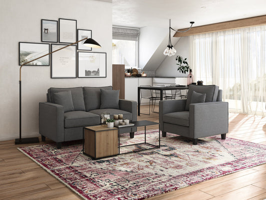 Grey 2-seater loveseat with matching chair set, featuring plush cushions, sleek modern design, and sturdy wooden legs. Ideal for contemporary living rooms, providing comfort and style.