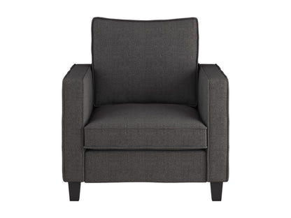 Grey fabric armchair with matching ottoman, featuring plush cushioning, modern design, and wooden legs. Ideal for living room or office decor, providing both comfort and style.