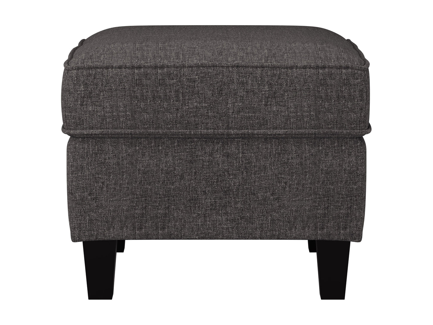 Grey fabric armchair with matching ottoman, featuring plush cushioning, modern design, and wooden legs. Ideal for living room or office decor, providing both comfort and style.