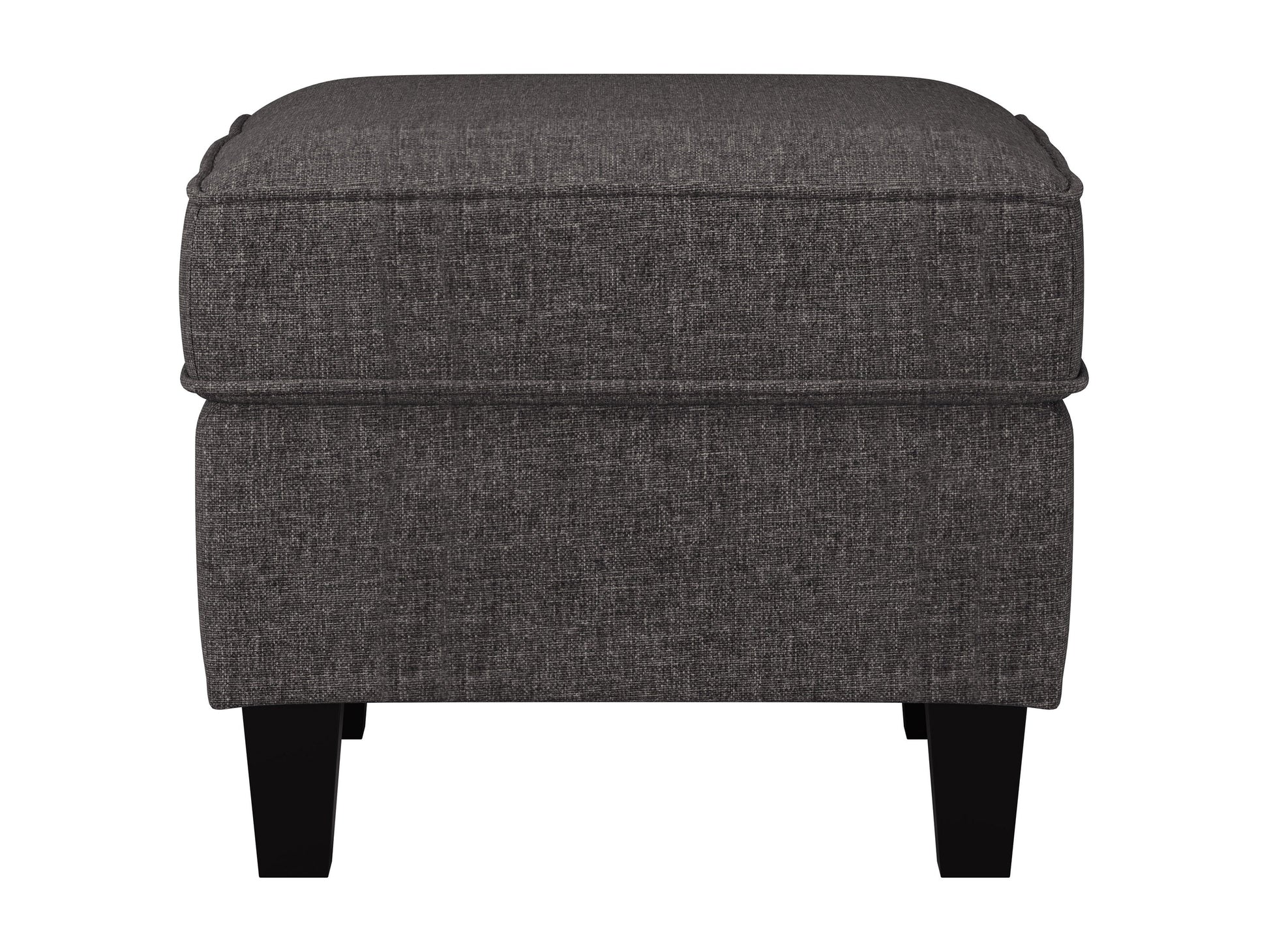 Grey fabric armchair with matching ottoman, featuring plush cushioning, modern design, and wooden legs. Ideal for living room or office decor, providing both comfort and style.