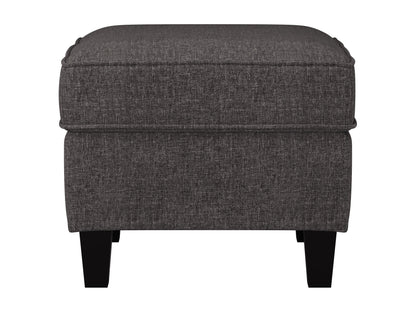 Grey fabric armchair with matching ottoman, featuring plush cushioning, modern design, and wooden legs. Ideal for living room or office decor, providing both comfort and style.