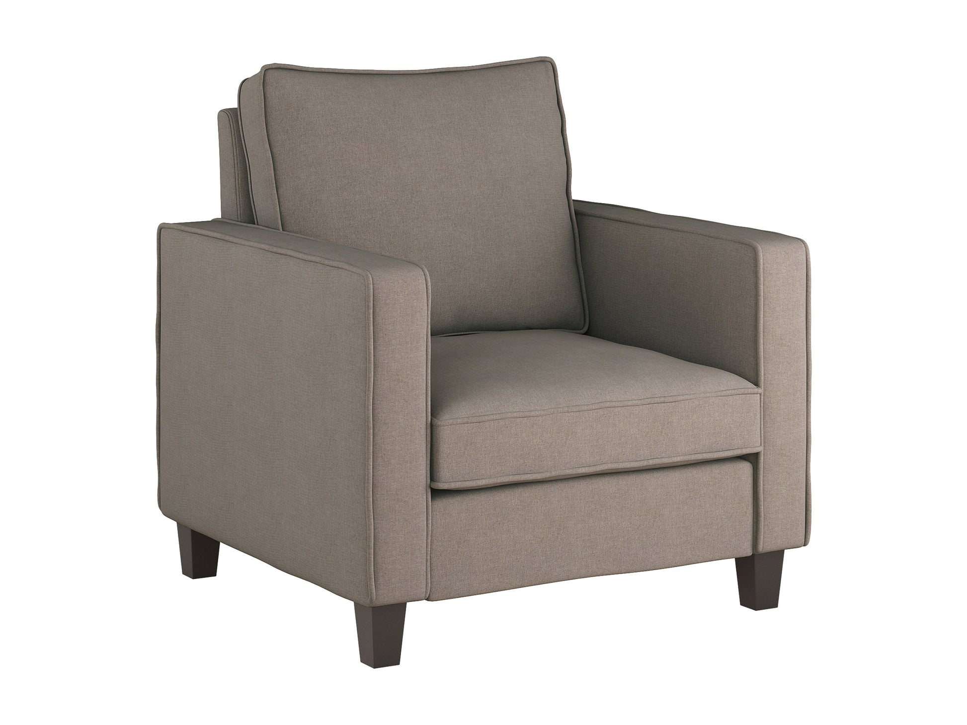 Mid-century modern arm chair in taupe with wooden legs, featuring a cushioned seat and backrest, upholstered in soft fabric with a minimalist design. Perfect for living rooms or office spaces.