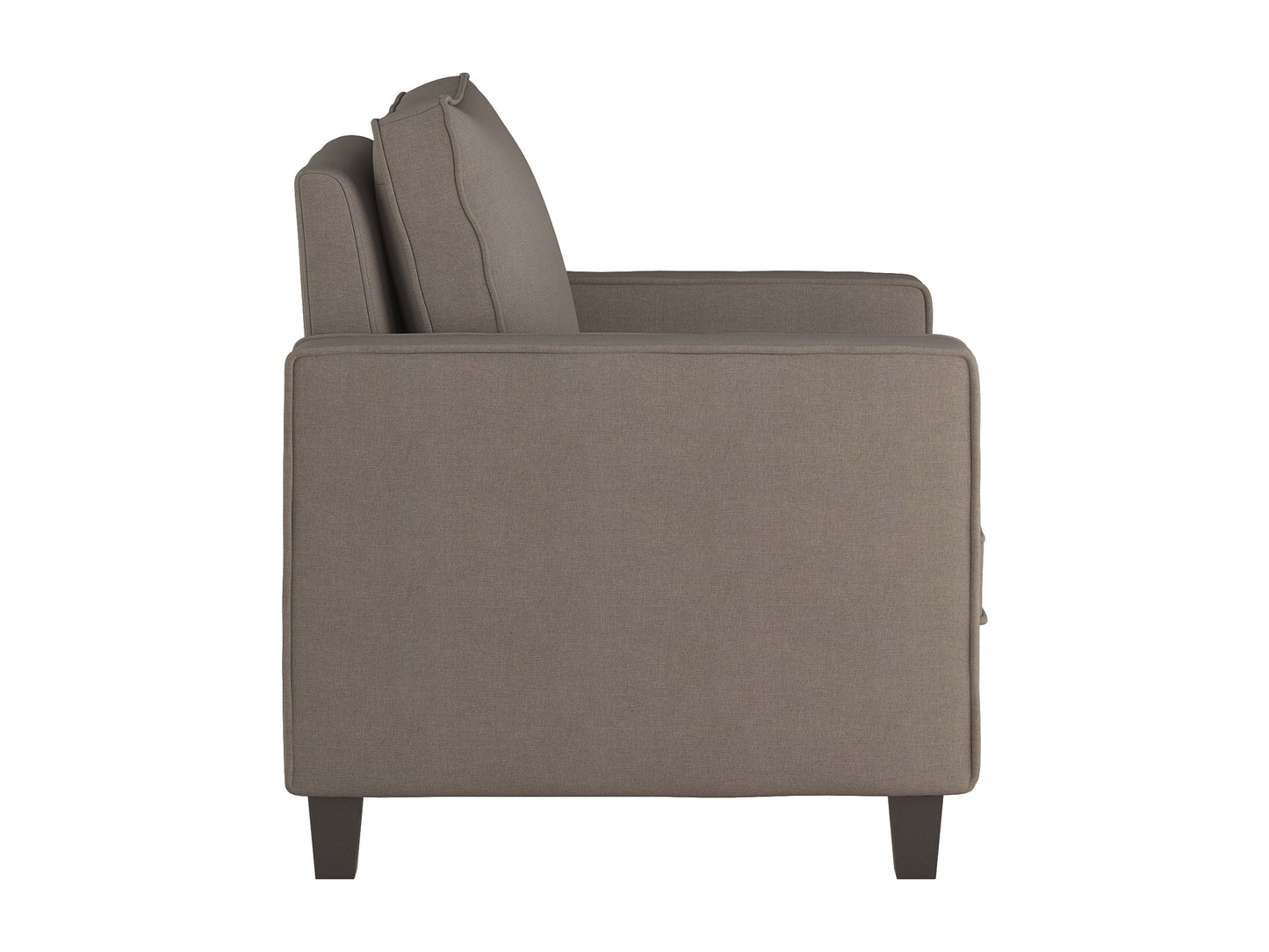 Mid-century modern arm chair in taupe with wooden legs, featuring a cushioned seat and backrest, upholstered in soft fabric with a minimalist design. Perfect for living rooms or office spaces.